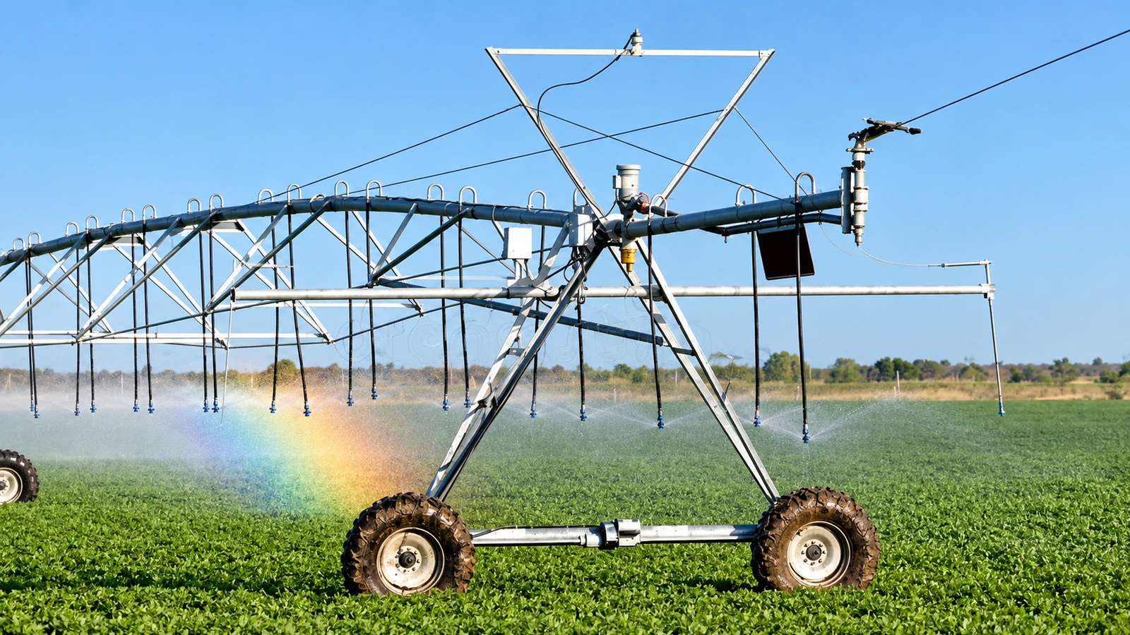Pivô central irrigando plantação em área agrícola