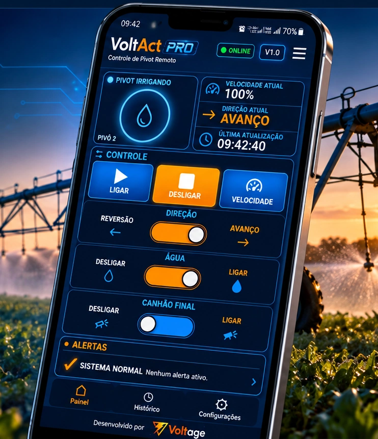 VoltAct PRO em smartphone: apresentação comercial em alta resolução da interface de controle remoto do pivô